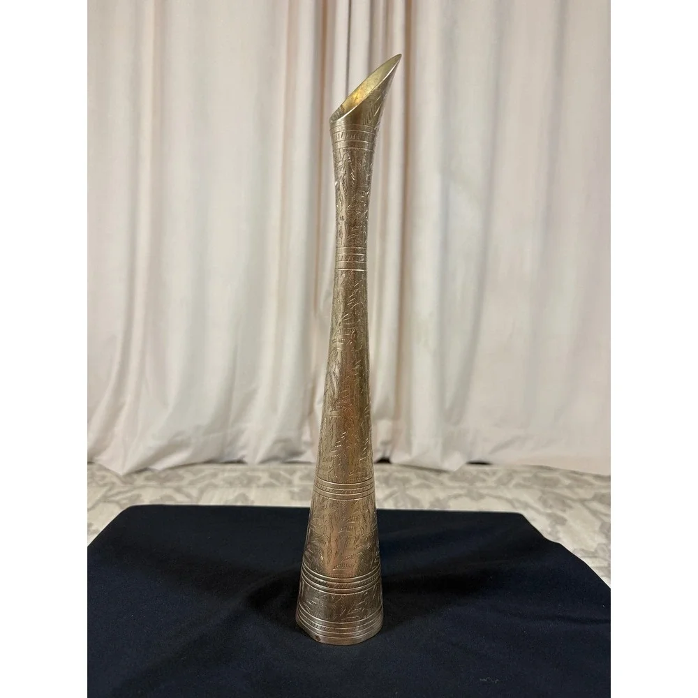 VTG Solid Brass Floral Hand Engraved Long Neck 14